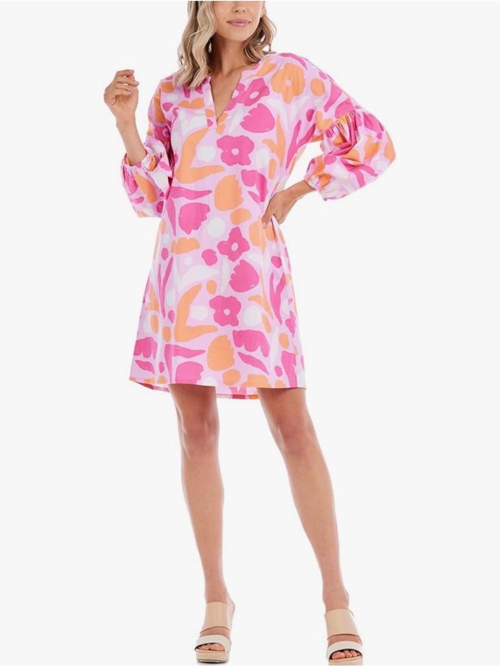 Mud Pie "Pam" Cotton Poplin Floral Puff Sleeve Mini Dress Sz M Pink Boho Resort